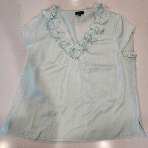 Talbots Mint Color Silk Blend Short Sleeve Ruffle Neckline Blouse 16 Petite EUC